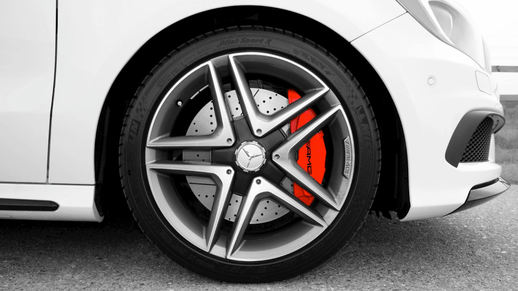 Front brake of a Mercedes AMG S63, showcasing its high-performance design and engineering for optimal stopping power.